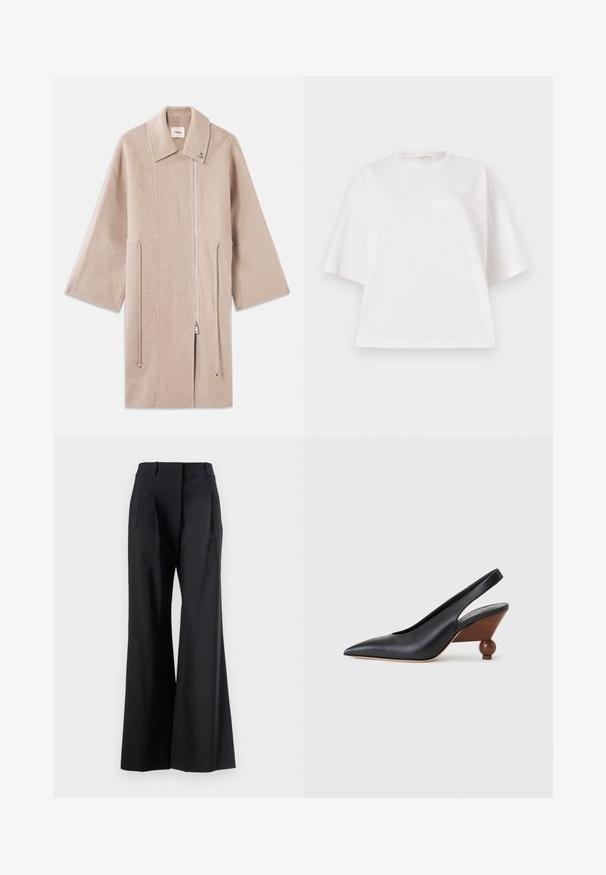 Beige wollen blend jas met een hoge kraag, ritssluiting aan de voorkant, zijzakken en brede mouwen; gladde textuur en minimalistisch design.; Witte oversized T-shirt met korte mouwen, ronde hals en afgezakte schouders op een lichtgrijze achtergrond.; Veronica Beard OLLIE PANT - Broek - black; Zwarte slingback schoen met een puntige neus, een houten blokhak met afgeronde hoeken en een bovenwerk van glad leer, op een lichtgrijze achtergrond.