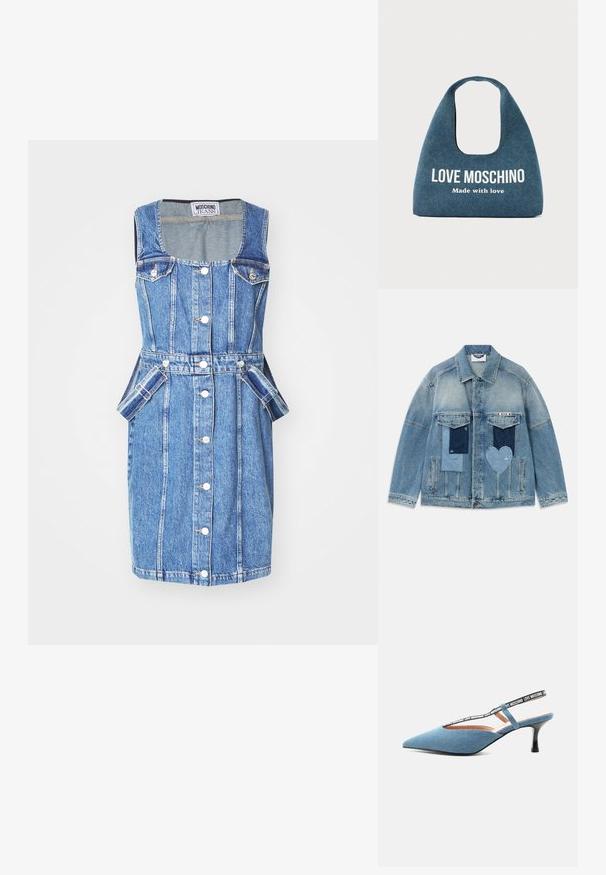 Lichtblauwe denimjas met patchworkontwerpen, inclusief rechthoekige en hartvormige patches, voorzakken met kleppen en een knoopsluiting.; Denim jurk met een vierkante halslijn, vijf knopen aan de voorkant, twee klepzakken en een ceintuur in de taille. Lichtblauwe kleur met verticale naden.; Blauwe slingback pumps met spitse neus en kittenheel, zwarte band met witte tekst "Love Moschino" op lichte achtergrond.; Blauwe denim handtas met afgeronde handgreep en "LOVE MOSCHINO Made with love" in het wit gedrukt op de voorkant.