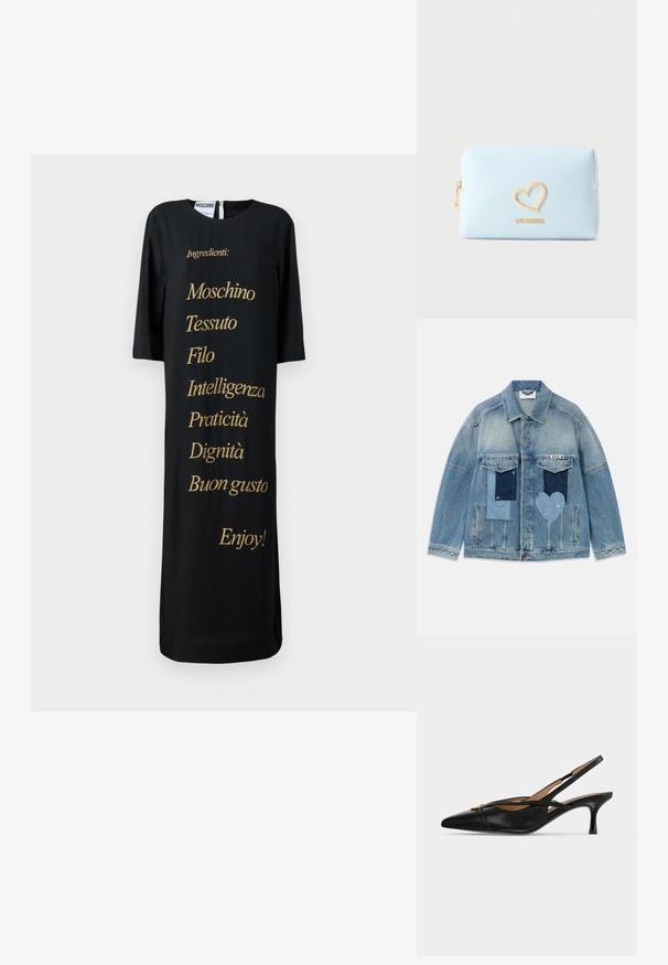Lyseblå denimjakke med patchwork-design, herunder rektangulære og hjerteformede lapper, forlommer og knaplukning.; Sort kjole med en løs pasform, med guldtekst der opremser ingredienser. Rund halsudskæring og trekvartærmer. Enkel, minimalistisk design.; Sort læder spids slingback sko med lav killingehæl og guldbeslag foran.; Lyseblå rektangulær pung med guld hjertekontur og teksten "LOVE MOSCHINO", med en guld lynlås ved siden.