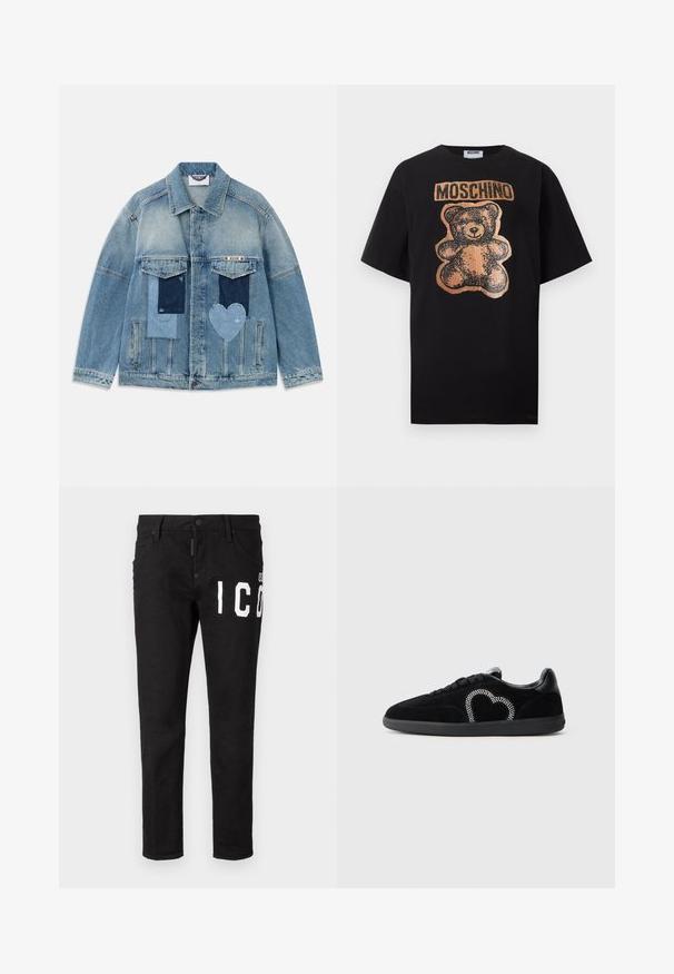 Helle blaue Jeansjacke mit Patchwork-Designs, darunter rechteckige und herzförmige Patches, aufgesetzte Vordertaschen und eine Knopfverschluss.; Schwarzes T-Shirt mit kurzen Ärmeln, bedruckt mit einem kupferfarbenen Teddybär und dem markanten Schriftzug "MOSCHINO" über dem Bären auf der Brust.; Schwarze Denim-Jeans mit schmaler Passform. Merkmale sind weißer Grafiktext auf der Vorderseite, fünf Taschen und ein Knopfverschlus. Glatte Textur.; Schwarze Wildledersneaker mit glatter Textur, die auf der Seite ein Herzdesign aus Strasssteinen und eine Gummisohle aufweisen.