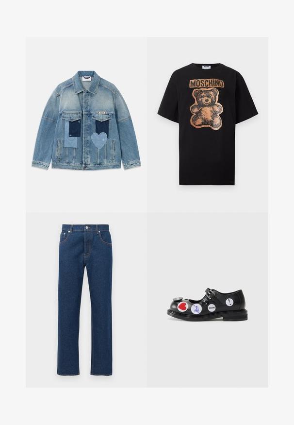 Lichtblauwe denimjas met patchworkontwerpen, inclusief rechthoekige en hartvormige patches, voorzakken met kleppen en een knoopsluiting.; Zwart T-shirt met korte mouwen, voorzien van een koperkleurige teddybeer-afbeelding en de gedurfde tekst "MOSCHINO" boven de beer op de borst.; Rechtonige donkerblauwe denim jeans met voor- en achterzakken, riemlussen, knoopsluiting en zichtbare oranje stiksels.; Zwarte leren Mary Jane-schoen met een bandje en gespsluiting, versierd met verschillende ronde stickers in rode, blauwe en witte accenten. Vlakke zool.