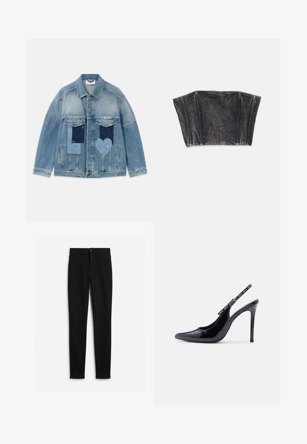 Lyseblå denimjakke med patchwork-design, herunder rektangulære og hjerteformede lapper, forlommer og knaplukning.; Sort denim bustier med struktureret design, der har lodrette sømme og en tætsiddende, cropped form. Tekstureret overflade med subtil fading.; Sorte high-waist skinny jeans med bæltestropper, frontknap og lynlås, vist fladt på en hvid baggrund.; Sort laklæder højhælet slingback-sko med spids tå og justerbar spænde med mærke på hvid baggrund.