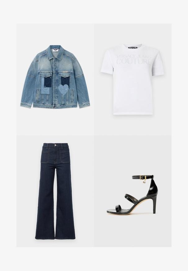 Chaqueta de mezclilla azul claro con diseños de parche, incluidos parches rectangulares y en forma de corazón, bolsillos de solapa en la parte delantera y cierre de botones.; Camiseta blanca de manga corta con el texto "Versace Jeans Couture" en gris claro en el pecho, cuello redondo y ajuste regular.; Vaqueros de denim de color azul oscuro con corte acampanado y cintura alta, que cuentan con dos bolsillos traseros y costuras contrastantes a lo largo de las costuras.; Sandalia de charol negro con tres correas, hebilla en el tobillo y tacón de aguja de 10 cm. Presenta detalles de hardware en oro y un charm con el logo.