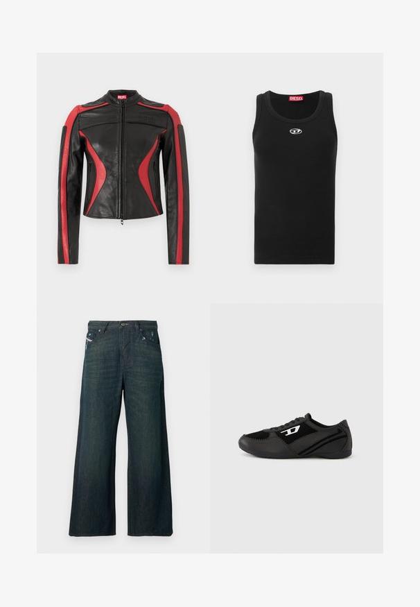 Veste en cuir Diesel noire et rouge avec fermeture éclair frontale, poches latérales zippées et logo embossé sur la poitrine et la languette du col.; Débardeur noir en tissu de coton avec encolure ronde, design sans manches, et petit logo blanc sur la poitrine.; Jean denim bleu foncé à jambes larges avec légère usure près des poches avant et fermeture standard par bouton et fermeture éclair.; Chaussures de sport noires avec tige en daim et synthétique, dotées d'un design texturé, d'un bout arrondi et d'une semelle plate. Accent logo argenté sur le côté.