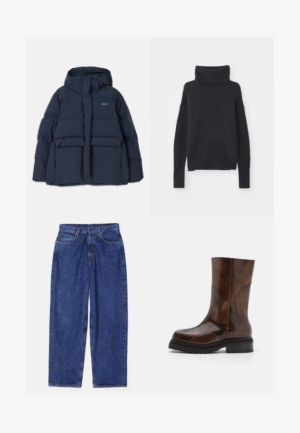 Mørkeblå pufferjakke med hætte, der har to frontlommer, en lynlåslukning og strukturerede quiltede sektioner. Letvægtsdesign.; Mørkeblå turtleneck sweater lavet af blødt, tekstureret stof. Har lange ærmer, en løs pasform og ribbet detaljer ved kraven og manchetterne.; Blå denim bredbenede jeans med høj talje, fem lommer og klassisk knap- og lynlås-lukning. Struktureret stof med diskret falmning.; ECKHAUS LATTA STACKED BOOT - Plateaustøvler - dark brown