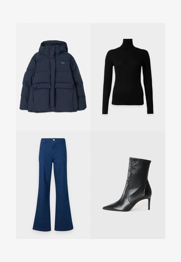 Marineblaue Steppjacke mit Kapuze, ausgestattet mit zwei Fronttaschen, einem Reißverschluss und strukturierten, gesteppte Abschnitten. Leichtes Design.; Schwarzer, gerippter Langarm-Rollkragenpullover mit figurbetonter Silhouette auf schlichtem weißem Hintergrund.; Dunkelblaue Jeans mit hoher Taille und ausgestelltem Bein, vorne mit aufgesetzten Taschen und Knopfverschluss, vor weißem Hintergrund dargestellt.; Schwarze Stiefeletten aus glattem Leder, mit einer spitzen Zehe, schmalem Schaft und schlanker, hoher Ferse. Minimalistisches Design ohne sichtbare Beschläge.