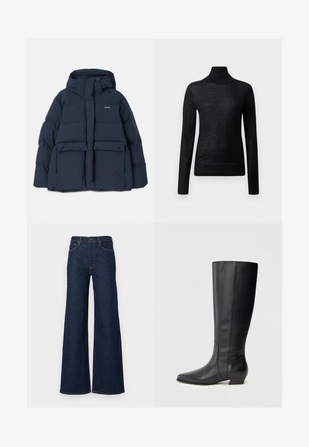 Marineblaue Steppjacke mit Kapuze, ausgestattet mit zwei Fronttaschen, einem Reißverschluss und strukturierten, gesteppte Abschnitten. Leichtes Design.; Schwarzes Langarm-Turtleneck-Oberteil aus leichtem Stoff, mit taillierter Passform und minimalen Nahtdetails, ideal zum Lagenlook.; Dunkelblaue Jeans aus Denim mit weitem Bein, hoher Taille, Fünf-Taschen-Design, Knopfverschluss und kontrastierenden Nähten entlang der Nähte.; Schwarze kniehohe Lederstiefel mit spitz zulaufender Zehenpartie und niedrigem Blockabsatz, mit glatter Textur und sauberem, schnörkellosem Design.