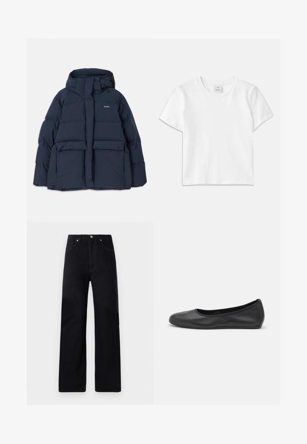 Marineblaue Steppjacke mit Kapuze, ausgestattet mit zwei Fronttaschen, einem Reißverschluss und strukturierten, gesteppte Abschnitten. Leichtes Design.; Weißes Baumwoll-T-Shirt mit Rundhalsausschnitt, kurzen Ärmeln und geradem Saum. Etikett mit der Aufschrift "Won Hundred" an der Mitte des Ausschnitts.; Schwarze Denim-Hosen mit geradem Schnitt, hoher Taille, fünf Taschen, goldenen Beschlägen und dezenten Nähdetails.; Schwarze Leder-Ballettschuhe mit abgerundeter Spitze, glatter Textur, minimalen Nähdetails und einem flexiblen Sohlen-Design.