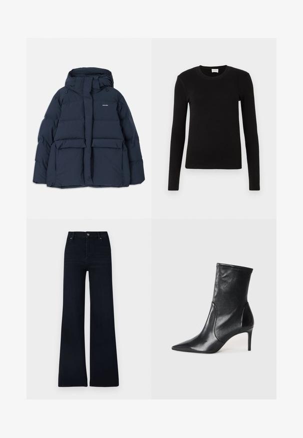 Veste doudoune bleu marine avec capuche, dotée de deux poches avant, d'une fermeture éclair et de sections quiltées texturées. Design léger.; T-shirt noir à manches longues en tissu doux et lisse. Présente un col rond et une coupe ajustée, sans motifs ni accents visibles.; Jean évasé bleu foncé en denim. Doté d'une fermeture par bouton, de cinq poches, et d'un design épuré avec peu de variations de texture.; Bottes noires à la cheville en cuir lisse, dotées d'un bout pointu, d'un tige ajustée et d'un talon haut fin. Design minimaliste sans quincaillerie visible.