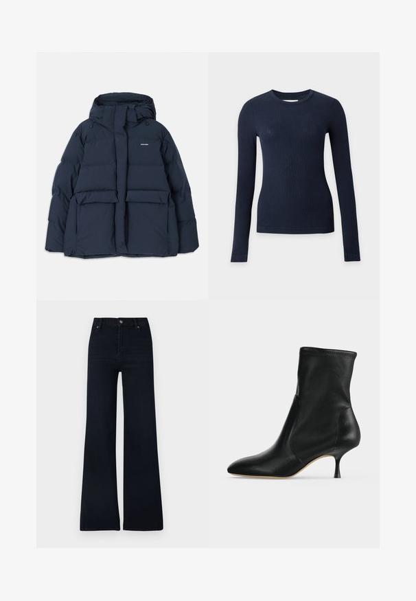 Marineblaue Steppjacke mit Kapuze, ausgestattet mit zwei Fronttaschen, einem Reißverschluss und strukturierten, gesteppte Abschnitten. Leichtes Design.; Marineblauer, gerippter, figurbetonter Pullover mit langen Ärmeln und Rundhalsausschnitt auf hellgrauem Hintergrund.; Dunkelblaue Schlagjeans aus Denim. Mit Knopfverschluss, fünf Taschen und einem klaren Design mit minimalen Texturunterschieden.; Schwarzer Lederknöchelstiefel mit spitzer Spitze und schlankem, mittelhohem Absatz, seitlich vor hellem Hintergrund dargestellt.