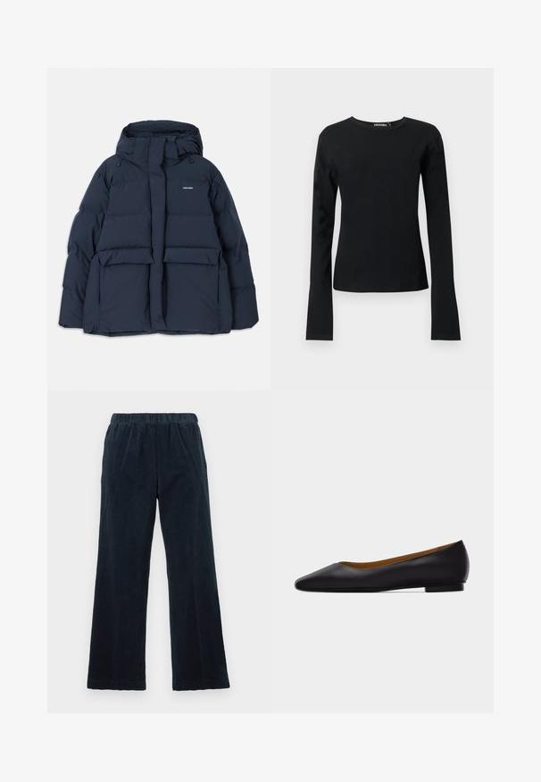 Veste doudoune bleu marine avec capuche, dotée de deux poches avant, d'une fermeture éclair et de sections quiltées texturées. Design léger.; T-shirt noir ajusté à manches longues avec col rond, ourlet droit et tissu lisse, présenté sur un fond clair uni.; Pantalons en velours côtelé bleu marine avec une coupe large, une taille élastique et une texture à côtes verticales. Comprend des poches latérales et un ourlet droit.; Chaussure plate en cuir noir à bout pointu avec talon bas et finition lisse, vue de côté sur un fond gris clair.