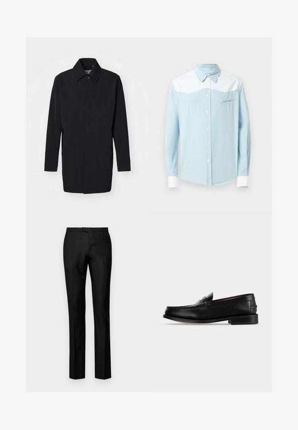 Schwarze leichte Jacke mit strukturiertem Design, Knopfverschluss und langen Ärmeln. Glatte Textur und minimalistischer Stil ohne Muster.; Hellblaues Hemd mit Button-Down-Kragen, weißer Schulterpasse und Manschetten, spitzem Kragen und zwei horizontalen Brusttaschen mit pfeilförmiger Nähte.; Schwarze, maßgeschneiderte Hosen aus glattem Material, mit geradem Bein, Reißverschluss und normaler Taille, ausgestattet mit dezenten Vordertaschen.; Schwarzer Leder-Herrenschuh (Loafer) mit niedrigem Absatz und Mokassin-artiger Naht am Zehenbereich, seitlich auf einfarbigem Hintergrund dargestellt.