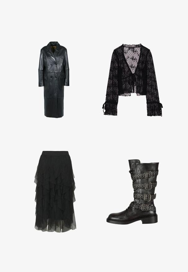 Freaky Nation Vinterfrakke - black; Sort blonde bluse med blomsterprint, gennemsigtigt materiale, V-udskæring, snor-lukning foran og flagrende klokkeærmer med snoredetaljer.; Sort lagkage nederdel med flere flæser lavet af gennemsigtigt stof. Den elastiske talje giver en tætsiddende silhuet.; Sorte læder knæhøje støvler med flere sølv spænder og hægter, med en afrundet tå og en lav blokhæl. Struktureret finish.