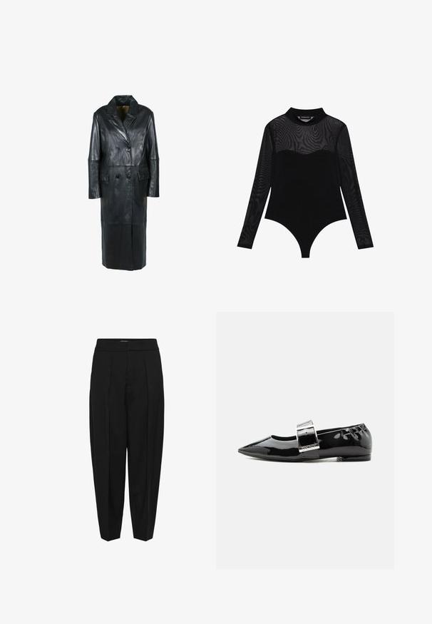 Freaky Nation Vinterfrakke - black; Even&Odd Langærmet T-shirt - black; Sorte højtaljede, skræddersyede bukser med pressede læg foran og let tilspidsede ben, mod en hvid baggrund.; Sort laklæder flad sko med spids, elastisk bagstykke og stor sølvspænde på remmen over toppen.