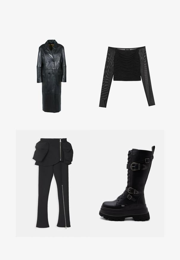 Freaky Nation Wintermantel - black; Zwarte lange mouw top met een gerimpelde voorkant, een effen lijfje en doorschijnende, gestructureerde mouwen. Natuurlijk decolleté en aangesloten ontwerp.; A.W.A.K.E. MODE BASQUE PANTS WITH ZIPS AND LARGE POCKETS - Broek - black; Zwarte mid-kuit combatlaars met chunky plateauzool, veterluiting aan de voorkant en drie decoratieve gespen aan de zijkant.