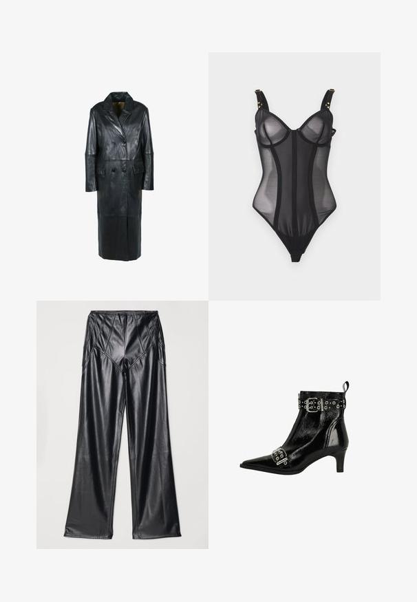 Freaky Nation Wintermantel - black; Zwarte doorschijnende mesh body met beugelcups, verstelbare bandjes met gouden beslag en gestructureerde verticale naden voor vormgeving.; Zwarte neplederen broek met een gladde textuur, wijde pijpen en gestikte details langs de taille en zijkanten. Plat liggende presentatie.; Zwarte enkellaars van lakleer met een puntige neus, zilveren gespen, een gespijkerde riem en een hak van 5 cm. Voorzien van een trekhaak aan de achterkant.