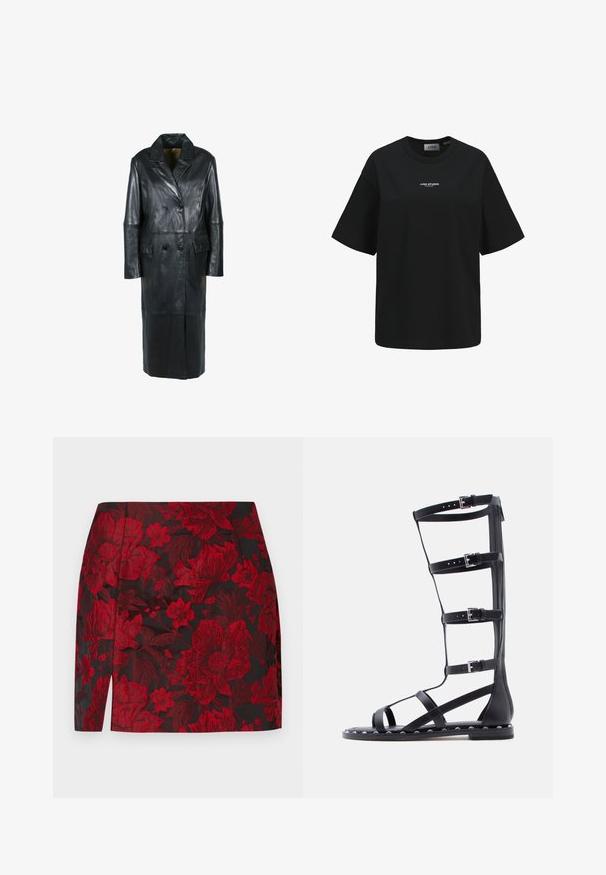 Freaky Nation Vinterfrakke - black; Sort kortærmet T-shirt med "JJXX STUDIO" trykt i små hvide bogstaver midt på brystet.; Rød blomsterkjole med sort baggrund, fremstillet i et struktureret stof, høj talje og en sideslids for ekstra detalje.; Sort knæhøj gladiatorsandal med flere justerbare spænder med spænde og sølvnitte detaljer langs sålens kant.