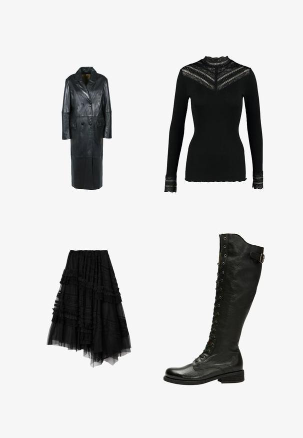 Freaky Nation Vinterfrakke - black; Sort ribbet langærmet top med blonde detaljer på skuldrene og håndleddene, høj hals og bølget kant.; Sort asymmetrisk lagdelt nederdel med blonde- og flæsedetaljer, lavet af gennemsigtige og dækkende stofpaneler.; Sorte læder knæhøje støvler med snørebånd foran, sølvøjer og sidebælte. Har en tekstureret overflade og stablet hæl.