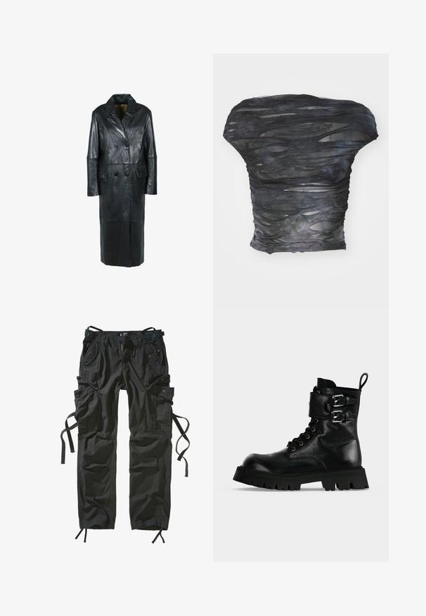 Freaky Nation Wintermantel - black; Zwarte, doorschijnende top met een gestructureerd, gelaagd ontwerp met horizontale snedes. Het materiaal lijkt lichtgewicht met subtiele kleurnuances.; Zwarte cargobroek van lichtgewicht stof, met meerdere zakken, trekkoorden aan de zijkanten en een ontspannen pasvorm met versterkte stiksels.; Zwarte leren gevechtslaars met dikke profielzool, zijgespen, veters en hieltreklus op een lichte achtergrond.