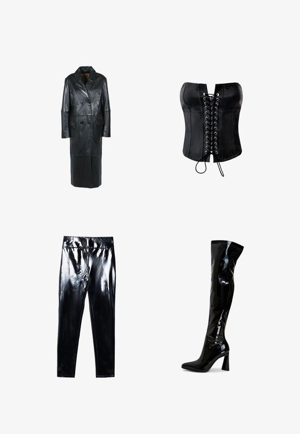 Freaky Nation Vinterfrakke - black; Sort satin-corset med en struktureret form, snørelukning foran med sølvøjer og en glat finish. Har en lige, stropløs halsudskæring.; Sorte højglans leggings med en blank, glat overflade. Elastisk talje og tætsiddende design med en indsnævret benform.; Sorte laklæderstøvler, der går til låret, med spids snude, firkantet blokhæl og glat, blank tekstur. Ingen synligt hardware.