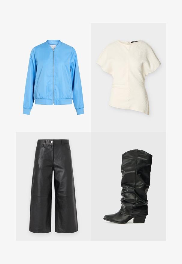 Veste bomber bleu clair en tissu lisse, avec une fermeture éclair à l'avant, des poignets côtelés et un ourlet froncé. Pas de motifs ni de graphiques visibles.; Blouse asymétrique à manches courtes de couleur blanc cassé avec tissu texturé et fermeture éclair latérale.; Culottes en cuir noir avec une coupe à jambes larges, poches frontales apparentes, fermeture par boutons et texture lisse et brillante.; Bottes noires en cuir, montantes jusqu'au genou, avec un design plissé, un bout pointu et un talon épais, présentant une texture lisse et des coutures minimales.