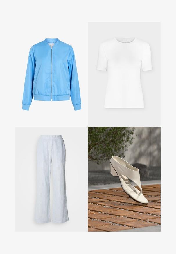 Chaqueta bomber azul claro hecha de tela suave, con cierre frontal de cremallera, puños acanalados y dobladillo fruncido. Sin patrones ni gráficos visibles.; Camiseta blanca de manga corta con cuello redondo, ajuste slim y textura de tejido acanalado, mostrada sobre un fondo liso gris claro.; Pantalones de pierna ancha de color azul claro con rayas verticales en blanco y rojo. Cuenta con una cintura elástica y bolsillos laterales. Textura suave parecida al algodón.; Sandalia de tacón de cuero blanco con una tira ancha y separador de dedos, mostrada al aire libre sobre una superficie de madera y baldosas de grava con vegetación al fondo.