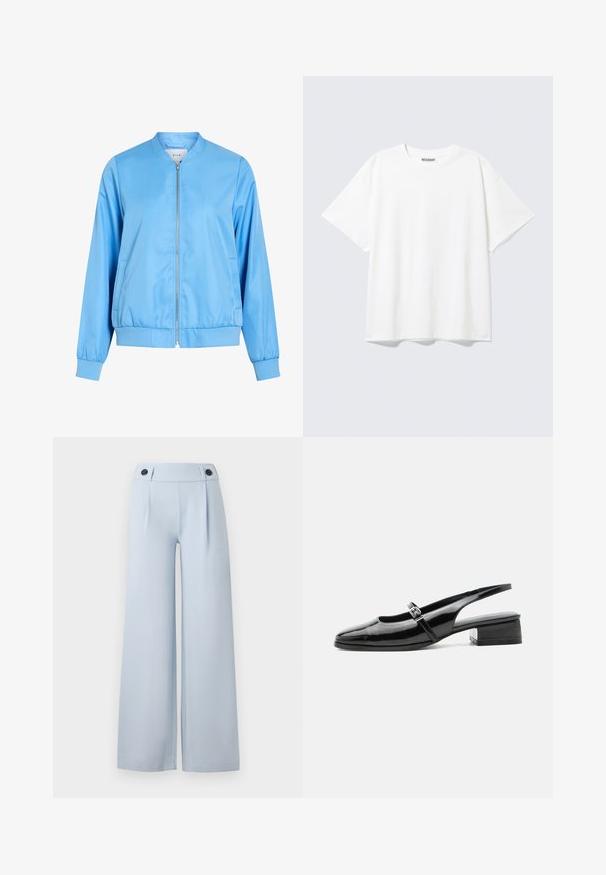 Veste bomber bleu clair en tissu lisse, avec une fermeture éclair à l'avant, des poignets côtelés et un ourlet froncé. Pas de motifs ni de graphiques visibles.; T-shirt blanc à manches courtes, col rond, coupe décontractée et étiquette "WEEKDAY" à l’intérieur du dos du col.; Pantalons larges bleu clair avec une taille plate, des plis et deux boutons noirs à la taille. Fabriqués en tissu lisse avec une finition soignée.; Chaussure slingback en cuir verni noir avec un petit talon bloc et une fine bride avec une boucle argentée sur le dessus.