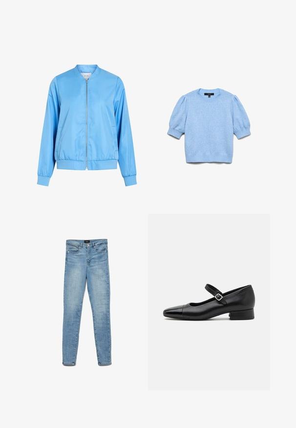 Hellblaue Bomberjacke aus glattem Stoff, mit Reißverschluss vorne, gerippten Bündchen und einem gesammelten Saum. Keine sichtbaren Muster oder Grafiken.; Hellblauer Strickpullover mit kurzen Puffärmeln sowie gerippten Bündchen, Ausschnitt und Saum.; Helles, ausgewaschenes Skinny-Jeans in Blau mit Knopfverschluss vorne und Fünf-Taschen-Design, flach auf einem weißen Hintergrund ausgelegt.; Schwarze Leder-Mary-Jane-Schuhe mit einer patentierten Zehenkappe, verstellbarem Knöchelriemen und niedrigem Blockabsatz. Glatte Textur und elegantes Design.