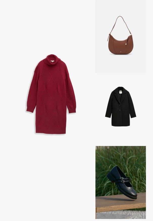 Manteau noir ajusté avec revers, fermeture à un bouton et deux poches avant. Fabriqué en tissu structuré, avec une texture lisse.; Robe en tricot bordeaux avec col roulé, manches bouffantes longues, motifs en côtes diagonales et en losanges, avec une coupe décontractée et un ourlet juste au-dessus du genou.; Chaussure Mary Jane en cuir noir avec doubles brides bouclées et détails brogue, flottant au-dessus d'un banc en bois avec en arrière-plan de l'herbe verte.; Sac à épaule en faux cuir brun, de forme arrondie, avec des coutures minimales et un accent en matériel doré. Il possède une fermeture zippée sur le dessus et une sangle réglable.