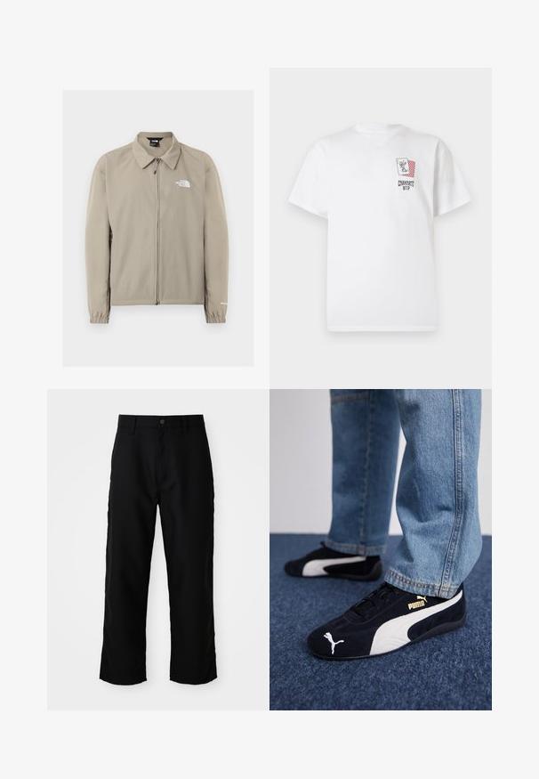 Veste beige The North Face zippée avec col, poignets élastiques et logo sur le côté gauche de la poitrine et la manche droite, présentée sur un fond uni.; T-shirt blanc en coton à manches courtes, avec un motif graphique de poche représentant des cartes à jouer et le texte "Carhartt WIP" sur le devant.; Pantalons droits noirs avec passants de ceinture, bouton frontal et fermeture éclair sur fond clair uni.; Baskets en daim noir avec accents blancs, arborant un logo doré. Portées avec un jean en denim bleu clair et posées sur une surface bleue texturée.