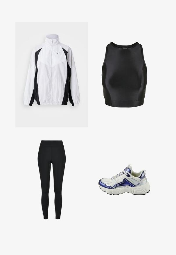 Biela a čierna vetrovka Nike. Má vysoký golier, zips, dlhé rukávy a kontrastný panelový dizajn s textúrovanou látkou.; Čierny bezrukávový crop top s okrúhlym výstrihom a priliehavým strihom, vyrobený z hladkej elastickej látky.; Čierne legíny s vysokým pásom, s bielymi pruhmi po bokoch, vyrobené z pružnej látky pre pohodlie a flexibilitu.; Biele tenisky s metalickými fialovými a striebornými akcentmi, sieťovaným zvrškom, polstrovaným golierom, hrubou gumovou podrážkou a zložitými švami.