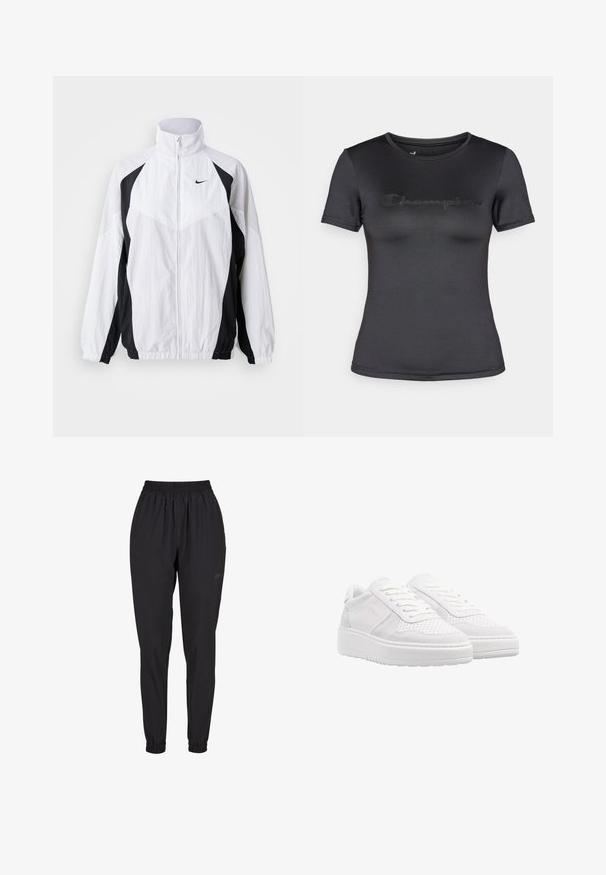 Nike tuulejope mustas ja valges. Omab kõrget krae, lukuga sulgemist, pikki varrukaid ning kontrastset paneelidisaini tekstuuriga kangast.; Must lühikeste varrukatega t-särk, valmistatud siledast kangast, mille rinnal on peen reljeefne "Champion" logo ja ümmargune kaelus.; Must mustriba talje mustad püksid kokku tõmmatud cuff'idega, sirge jala disain, kergest materjalist, külje peal on peene logo.; Valged sneakers, millel on sametist ja perforeeritud nahast ülemine osa, lapikud paelad, pehmendatud kaelus ja paks, tekstureeritud kummitald.