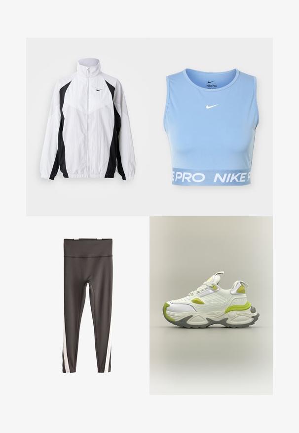 Biela a čierna vetrovka Nike. Má vysoký golier, zips, dlhé rukávy a kontrastný panelový dizajn s textúrovanou látkou.; Svetlomodrý športový crop top bez rukávov s bielym logom Nike a textom "NIKE PRO" na elastickom páse na bielom pozadí.; Tmavo hnedé legíny na celú dĺžku s vysokým pásom a bielymi zvislými pruhmi pozdĺž dolných vonkajších strán oboch nôh.; Biele a svetlozelené robustné tenisky s hrubou podrážkou, šnurované vpredu a s ťahacími pútkami na jazyku a päte, zobrazené na neutrálnom pozadí.