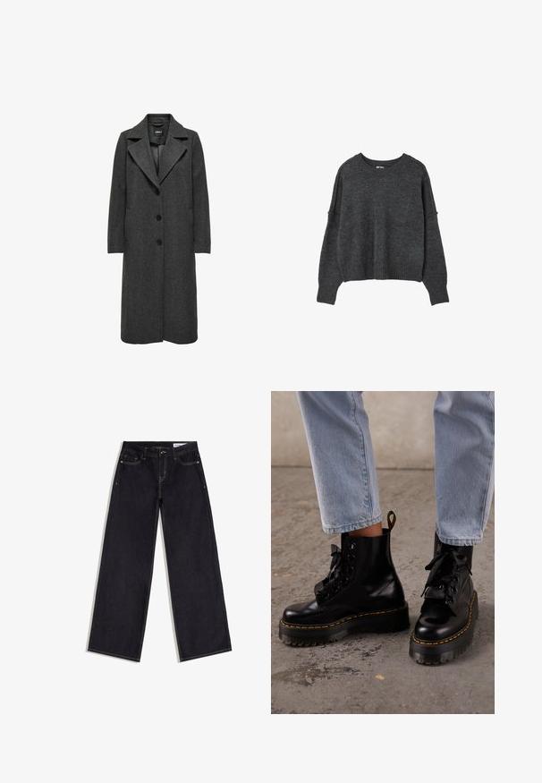 Long manteau gris foncé avec un col en V, cinq boutons, poches latérales et une texture de tissu. Design classique, coupe droite.; Pull en maille gris foncé à manches longues avec un col rond et des poignets et un bas côtelés, présenté sur fond blanc.; Jean bleu foncé à jambes larges avec poches avant, passants de ceinture et surpiqûres contrastantes, posé à plat sur un fond blanc.; Personne portant un jean bleu clair et des bottes à plateforme en cuir noir lacées avec des coutures jaunes sur un sol en béton.