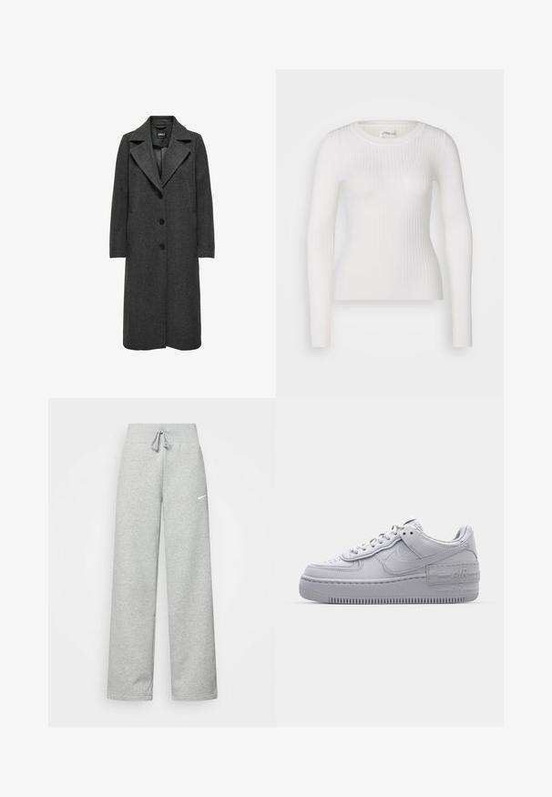 Long manteau gris foncé avec un col en V, cinq boutons, poches latérales et une texture de tissu. Design classique, coupe droite.; Haut à manches longues blanc en tissu côtelé avec un col rond. Le tissu est lisse, avec une texture subtile et une coupe ajustée. Pas de matériel ou de motifs visibles.; Pantalon de survêtement gris avec une taille élastique, un détail de cordon de serrage et un petit logo Nike blanc sur la cuisse gauche. Tissu doux, coupe ample.; Basket en cuir lisse gris Nike Air Force 1 avec un bout perforé, une semelle épaisse et un détail 'AIR' en relief sur le talon.
