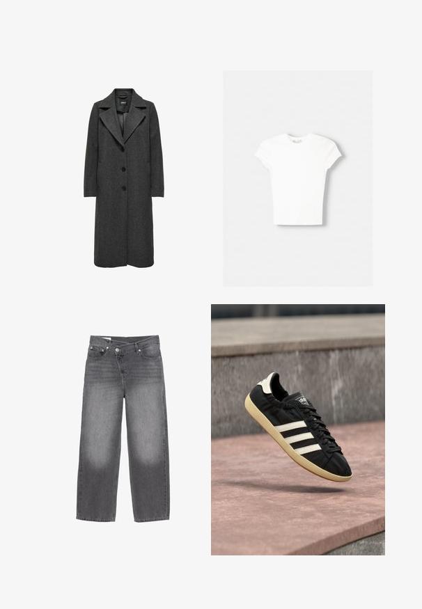 Long manteau gris foncé avec un col en V, cinq boutons, poches latérales et une texture de tissu. Design classique, coupe droite.; T-shirt blanc à manches courtes en coton doux, avec un col rond et une coupe ajustée. Pas de motifs ni d'ornements visibles.; Jean en denim gris à jambes larges avec une texture douce, comportant un design à cinq poches et une fermeture à boutons, présentant une légère décoloration à l'avant.; Baskets Adidas noires avec des bandes blanches et une semelle beige, capturées en plein air au-dessus d'une surface en pierre et d'un mur en pierre en arrière-plan.