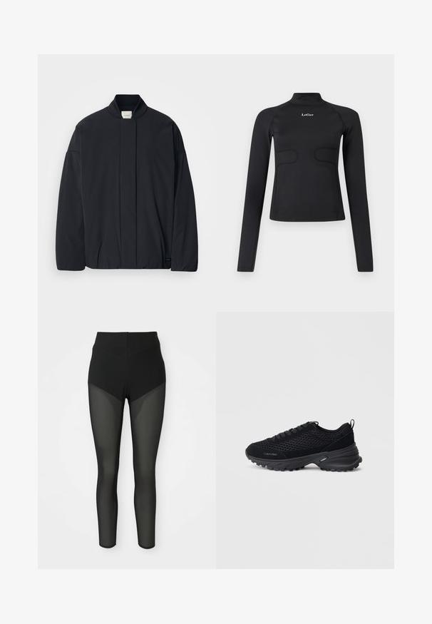 Veste noire à manches longues avec un col côtelé, fermeture frontale cachée et une étiquette de marque discrète au bas de l'ourlet, posée à plat sur un fond blanc.; Haut ajusté à manches longues noir avec col montant et logo "LeGer" blanc centré sur la poitrine, le tout sur fond blanc.; Leggings noirs taille haute avec des panneaux en maille semi-transparente sur les cuisses avant et les jambes inférieures, design sans couture, silhouette ajustée.; Baskets de sport noires avec un dessus en maille, des accents en daim, un système de laçage et une semelle épaisse texturée pour une meilleure adhérence. Logo "Calvin Klein" visible.