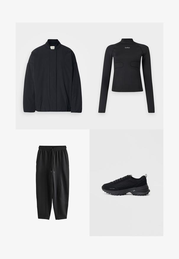 Veste noire à manches longues avec un col côtelé, fermeture frontale cachée et une étiquette de marque discrète au bas de l'ourlet, posée à plat sur un fond blanc.; Haut ajusté à manches longues noir avec col montant et logo "LeGer" blanc centré sur la poitrine, le tout sur fond blanc.; Pantalon de jogging noir fuselé avec taille élastique et cordon de serrage, présentant des détails de coutures à l'avant et une coupe décontractée.; Baskets de sport noires avec un dessus en maille, des accents en daim, un système de laçage et une semelle épaisse texturée pour une meilleure adhérence. Logo "Calvin Klein" visible.