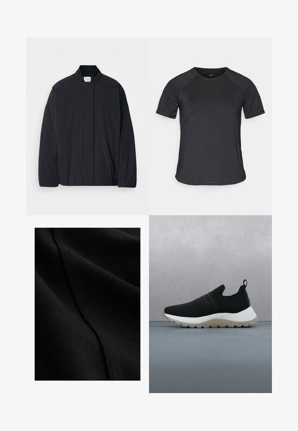 Veste noire à manches longues avec un col côtelé, fermeture frontale cachée et une étiquette de marque discrète au bas de l'ourlet, posée à plat sur un fond blanc.; T-shirt de sport noir à manches courtes avec des manches raglan, texture lisse et col rond. Présente des coutures cousues et une coupe décontractée.; Tissu noir à texture côtelée, présentant des détails de couture subtils et des plis lisses et fluides. Matériau fin et léger.; Chaussure de sport noire sans lacets avec semelle blanche et grip texturé, flottant au-dessus d'une surface en carreaux de bois en plein air près de la verdure.