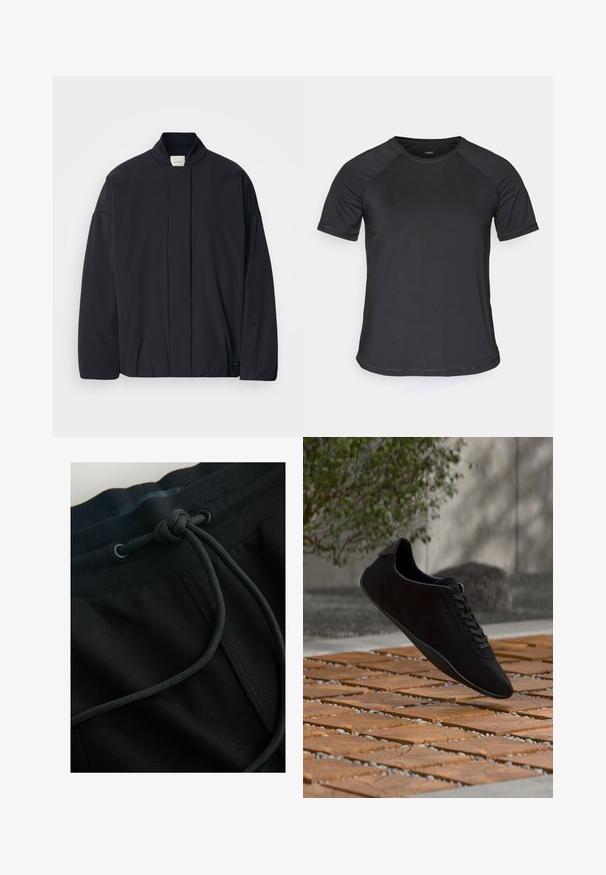 Veste noire à manches longues avec un col côtelé, fermeture frontale cachée et une étiquette de marque discrète au bas de l'ourlet, posée à plat sur un fond blanc.; T-shirt de sport noir à manches courtes avec des manches raglan, texture lisse et col rond. Présente des coutures cousues et une coupe décontractée.; Un pantalon de jogging noir avec une taille à cordon de serrage et un tissu texturé, mettant l'accent sur des lignes épurées et un design minimaliste.; Baskets noires à lacets flottant au-dessus d’un sol en bois et galets avec un feuillage vert et un mur gris en arrière-plan.