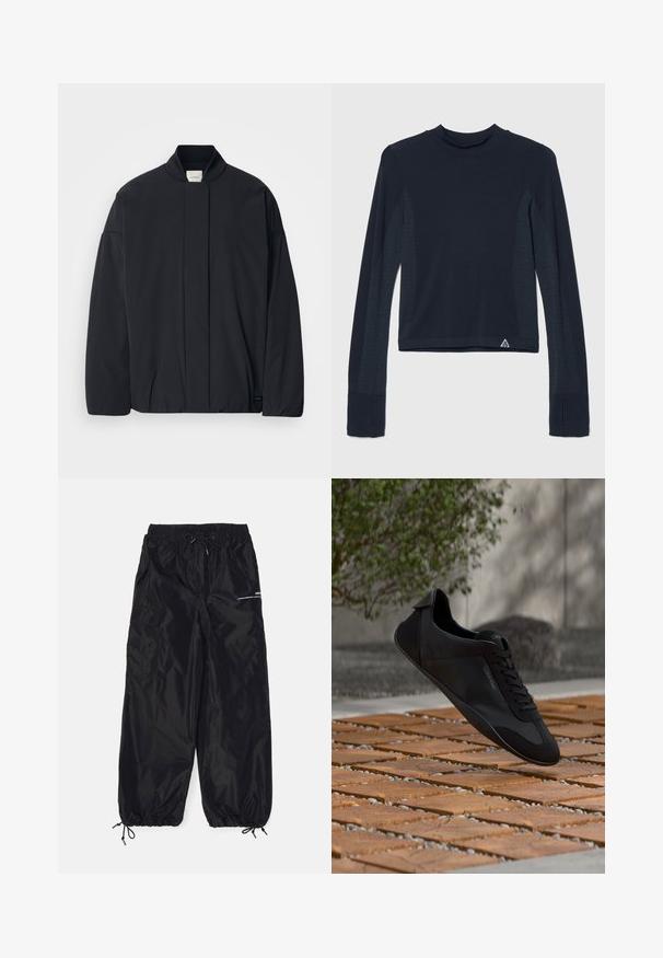 Veste noire à manches longues avec un col côtelé, fermeture frontale cachée et une étiquette de marque discrète au bas de l'ourlet, posée à plat sur un fond blanc.; Haut à manches longues en navy avec une texture côtelée, présentant des accents à pois le long des manches et un col haut. Logo de la marque en bas à gauche.; Pantalons cargo noirs en nylon brillant avec une taille élastique, cordon de serrage réglable, poches latérales et poignets élastiques.; Baskets noires Calvin Klein à lacets flottant au-dessus d'un sol en bois et pierre à motifs, avec des plantes et un mur en arrière-plan.