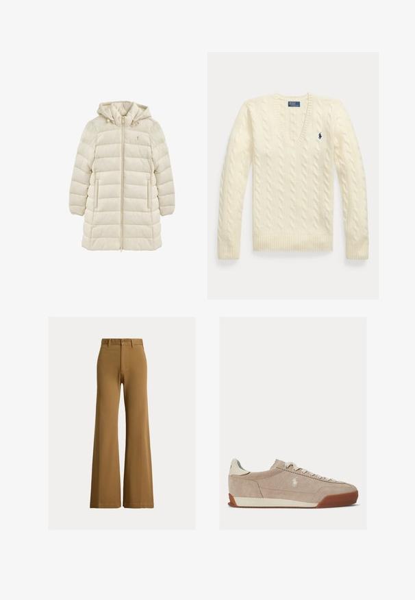 Veste longue matelassée couleur crème avec capuche, fermeture éclair avant, poches latérales et petit logo brodé sur la poitrine.; Pull torsadé couleur crème avec manches longues, col en V et petit logo brodé bleu foncé sur le côté gauche de la poitrine.; Pantalon marron taille haute à jambes larges avec passants de ceinture, bouton frontal et fermeture éclair sur fond clair.; Baskets basses en daim beige avec des lacets blancs, un logo blanc sur le côté et une semelle en caoutchouc marron.