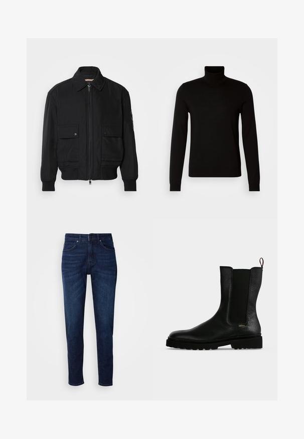 Schwarze Bomberjacke aus glattem, leichtem Stoff. Mit einem Reißverschluss vorne, zwei aufknöpfbaren Brusttaschen und gerippten Bündchen.; Schwarzer Rollkragenpullover aus feiner Strickware, mit langen Ärmeln und taillierter Silhouette. Glatte Textur mit gerippten Bündchen.; Dunkelblaue Jeans aus Denim mit geradem Bein, ausgestattet mit Taschen und einem Knopfverschluss an der Taille. Weiche Textur, minimale Ausbleichungen.; Schwarzer Leder-Stiefelette mit elastischem Seitenteil, grober Sohle und Zuglasche hinten, mit kleinem goldenem "Hugo" Logo nahe der Ferse.