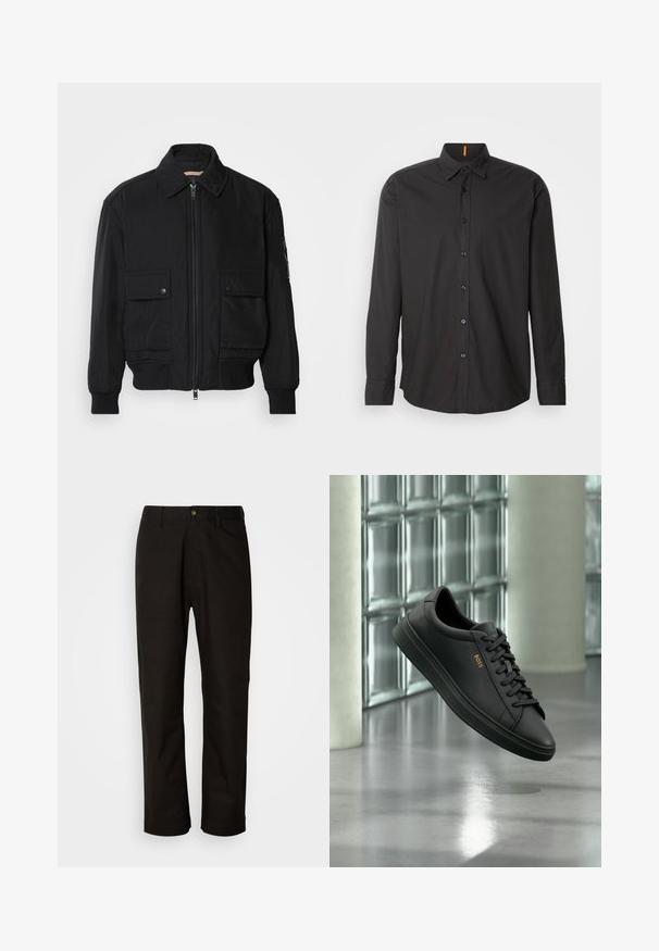Schwarze Bomberjacke aus glattem, leichtem Stoff. Mit einem Reißverschluss vorne, zwei aufknöpfbaren Brusttaschen und gerippten Bündchen.; Schwarzes Langarmshirt aus leichtem Stoff. Verfügt über einen knöpfbaren Kragen, Frontknöpfe und ein gesticktes Logo auf der Brust.; Schwarze Baumwollhosen mit geradem Schnitt, Gürtelschlaufen, einem Reißverschluss vorne und einem einzelnen Knopfverschluss. Glatte Textur ohne sichtbare Muster.; Schwarzer flacher Ledersneaker mit schwarzen Schnürsenkeln und goldenem BOSS-Logo an der Seite, schwebend über einem glänzenden grauen Boden in einem modernen Innenraum.