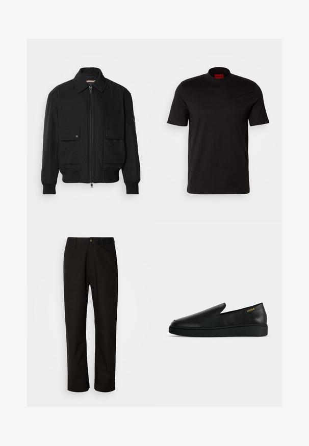 Veste bomber noire en tissu lisse et léger. Dotée d'une fermeture éclair à l'avant, de deux poches poitrines boutonnées et de poignets côtelés.; T-shirt noir à manches courtes avec un design à col haut. Fabriqué en tissu lisse. Présente une étiquette de marque rouge à l'intérieur du col.; Pantalon en coton noir avec une coupe droite, des passants de ceinture, une fermeture éclair à l'avant et un seul bouton. Texture lisse sans motifs visibles.; Chaussure noire en cuir à enfiler avec semelle épaisse et marquage "HUGO" en or près du talon sur un fond uni gris clair.