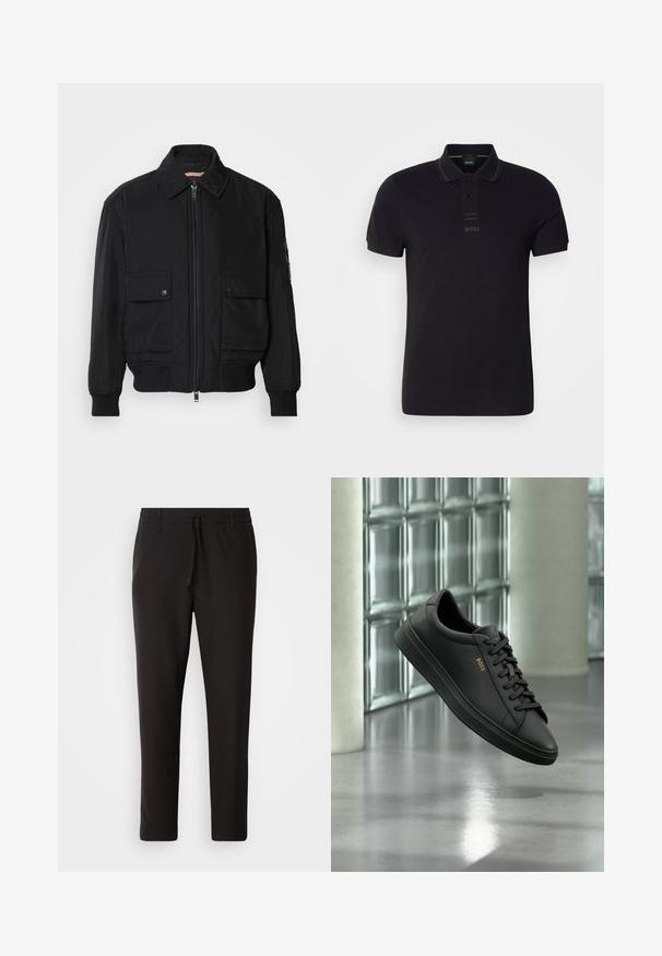 Schwarze Bomberjacke aus glattem, leichtem Stoff. Mit einem Reißverschluss vorne, zwei aufknöpfbaren Brusttaschen und gerippten Bündchen.; Schwarzes Polohemd aus Baumwolle mit einem Kragen, kurzen Ärmeln, dezentem Logo auf der Brust und glatter Textur.; Schwarze Jogginghose aus glattem Stoff. Mit einem elastischen Bund und Kordelzug, schmal zulaufenden Beinen und ohne sichtbare Taschen. Einfaches Design.; Schwarzer flacher Ledersneaker mit schwarzen Schnürsenkeln und goldenem BOSS-Logo an der Seite, schwebend über einem glänzenden grauen Boden in einem modernen Innenraum.