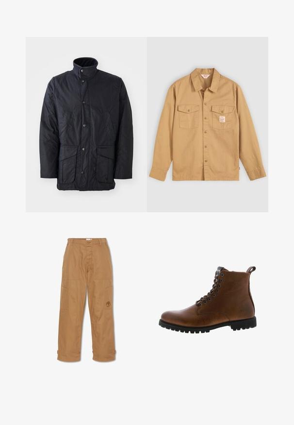 Schwarze wasserdichte Jacke aus strukturiertem Stoff mit hohem Kragen, Fronttaschen und Druckknopfverschlüssen. Minimalistisches Design ohne Muster.; Beige Hemd mit langen Ärmeln, zwei Brusttaschen und einem kleinen Etikett. Hergestellt aus Baumwolle mit einer glatten Textur und klassischem Kragen-Design.; Khakifarbene Arbeitshosen aus strapazierfähigem Stoff, mit mehreren Taschen, einem Knopfverschluss und gesticktem Logo auf dem Oberschenkel.; Braune Lederstiefeletten mit strukturiertem Finish, metallischen Ösen und schwarzer Gummisohle. Mit Zuglasche hinten für einfaches An- und Ausziehen.