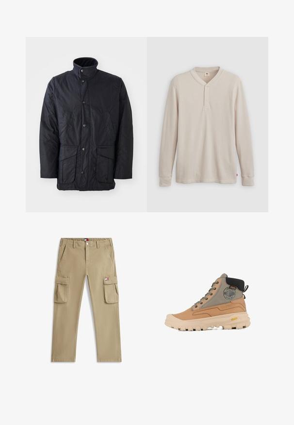 Musthave must valmistatud tekstureeritud kangast, millel on kõrge krae, ees taskud ja nupuga kinnitused. Minimalistlik disain, ilma mustriteta.; Pikad varrukad henley särk heledast beežist ribakudumist, millel on V-kaelus, kolme nupuga sulgemine ja kollased varrukad. Punane logo sildike ääres.; Beežid püksid ees taskute, vööaasade, nööpkinnituse ja väikese Tommy Jeansi logoga plaastriga paremal küljetaskul.; Tan ja hall kõrgem saabas, millel on tekstuuriga esiosa, kummist tald ja logo silt. Omab nööridega sulgemist ja kanda tõmbamiseks mõeldud lehte kanna juures.