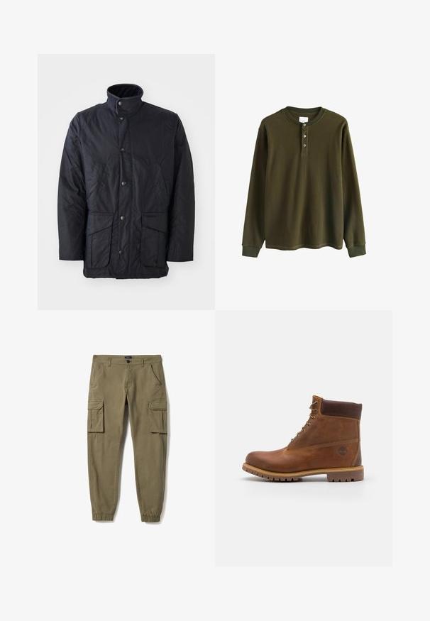 Schwarze wasserdichte Jacke aus strukturiertem Stoff mit hohem Kragen, Fronttaschen und Druckknopfverschlüssen. Minimalistisches Design ohne Muster.; Langärmliges olivgrünes Waffelstrick-Henley-Shirt mit gerippten Bündchen und drei Knöpfen am Kragen.; Khakifarbene Cargohose mit Klappentaschen an beiden Oberschenkeln, elastischen Bündchen, Seitentaschen, Gürtelschlaufen sowie einem vorderen Knopf- und Reißverschluss.; Braune Lederwanderschuhe mit glatter Oberfläche, gepolstertem Knöchel, Metallösen und einer Gummisohle mit robustem Profil.