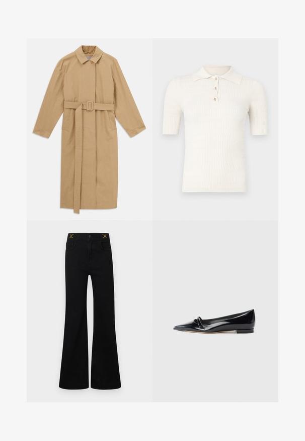 Manteau trench beige long avec large col, manches longues, ceinture avec boucle à la taille et poches latérales, présenté à plat sur fond blanc.; Polo crème côtelé à manches courtes, doté d'un col plat et de trois boutons décoratifs au niveau de l'encolure. Texture lisse.; Jean noir évasé avec taille haute, cinq poches, détails en métal doré, et une texture denim lisse.; Chaussure plate en cuir verni noir avec un bout pointu, une petite lanière décorative et un petit talon carré. Texture lisse et design épuré.